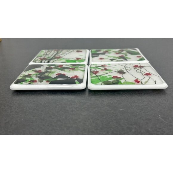 Fused Glass Coasters Red Green Black White Handmade Set of 4 & Holder Art Deco - Picture 6 of 9